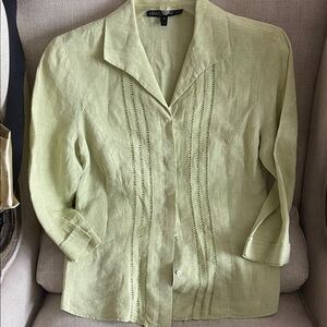 LAFAYETTE 148 NEW YORK Light Green Linen 3/4 Sleeve Button Up Top